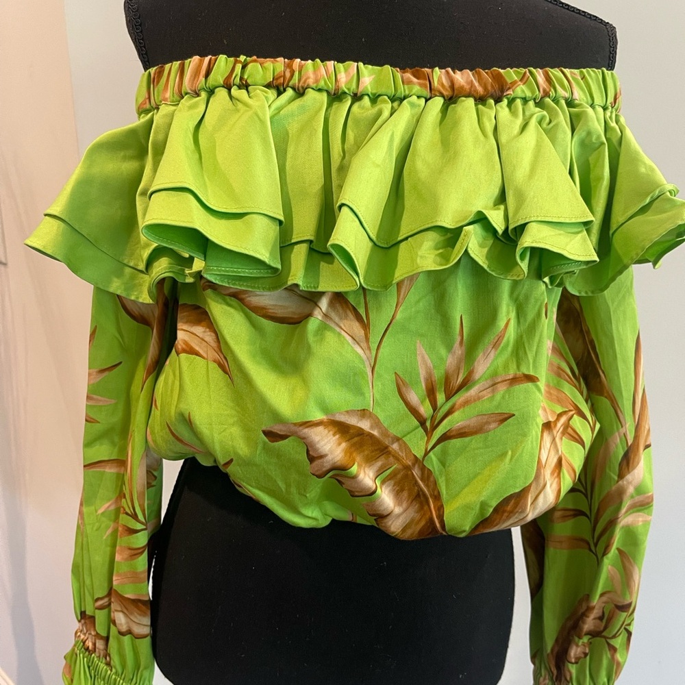 Off-Shoulder Ruffled Tropical Blouse - Lime Green.  NWT